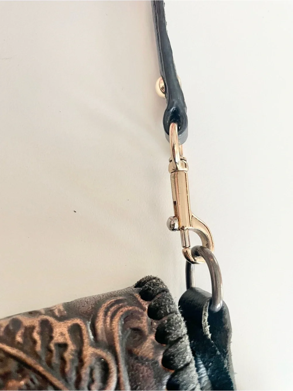 P&G Genuine Leather Tooled Floral Fringe Crossbody Boho Western Bag